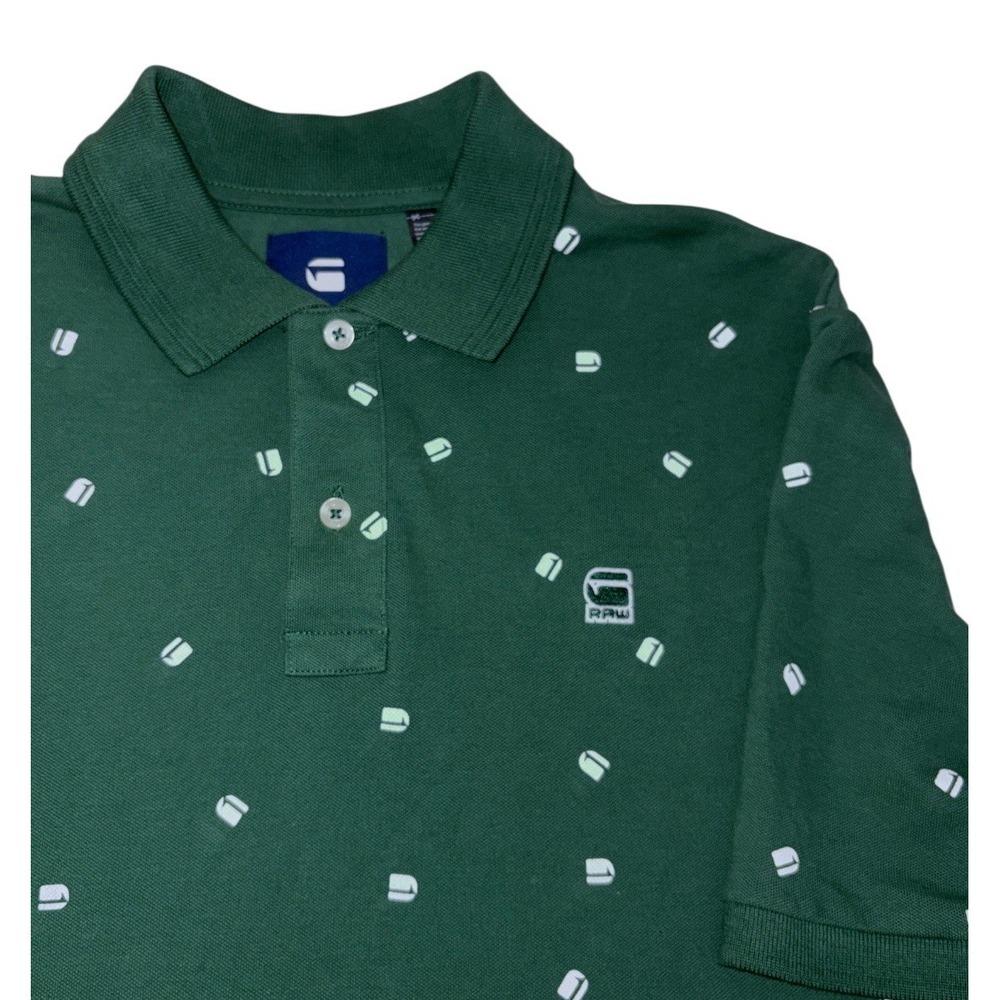 G Star Raw Dunda Polo Shirt Men's Large All Over Print Logo Pique Green Piping